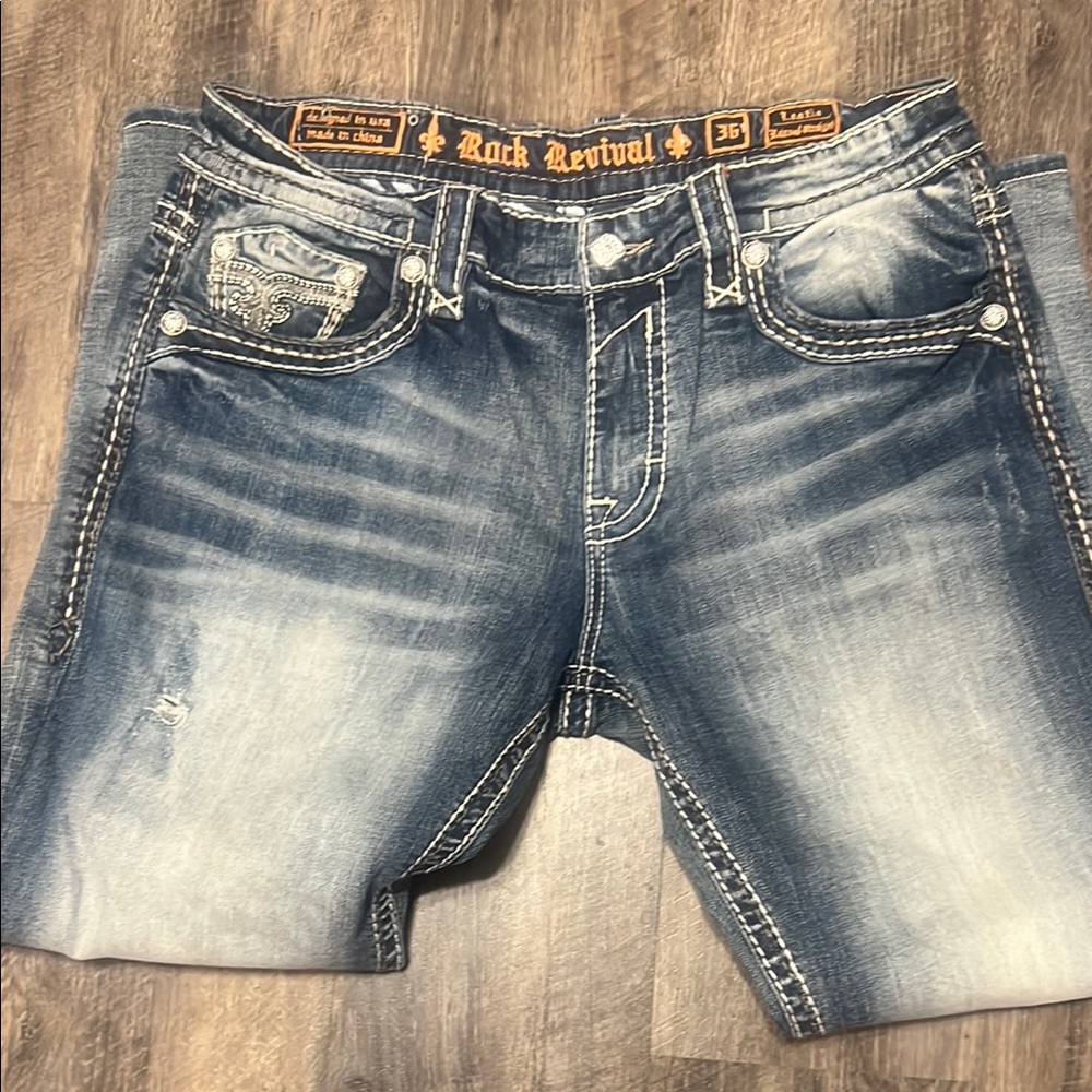 Rock Revival Blue Relaxed Jeans with Vintage Fading